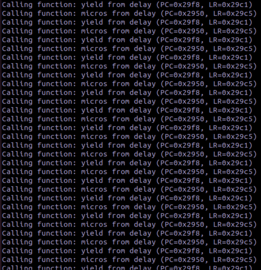 picture showing many calls to yield and delay, demonstrating the milliseconds passing